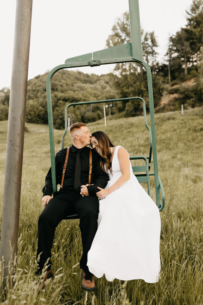 Groom and Bride on a ski lift